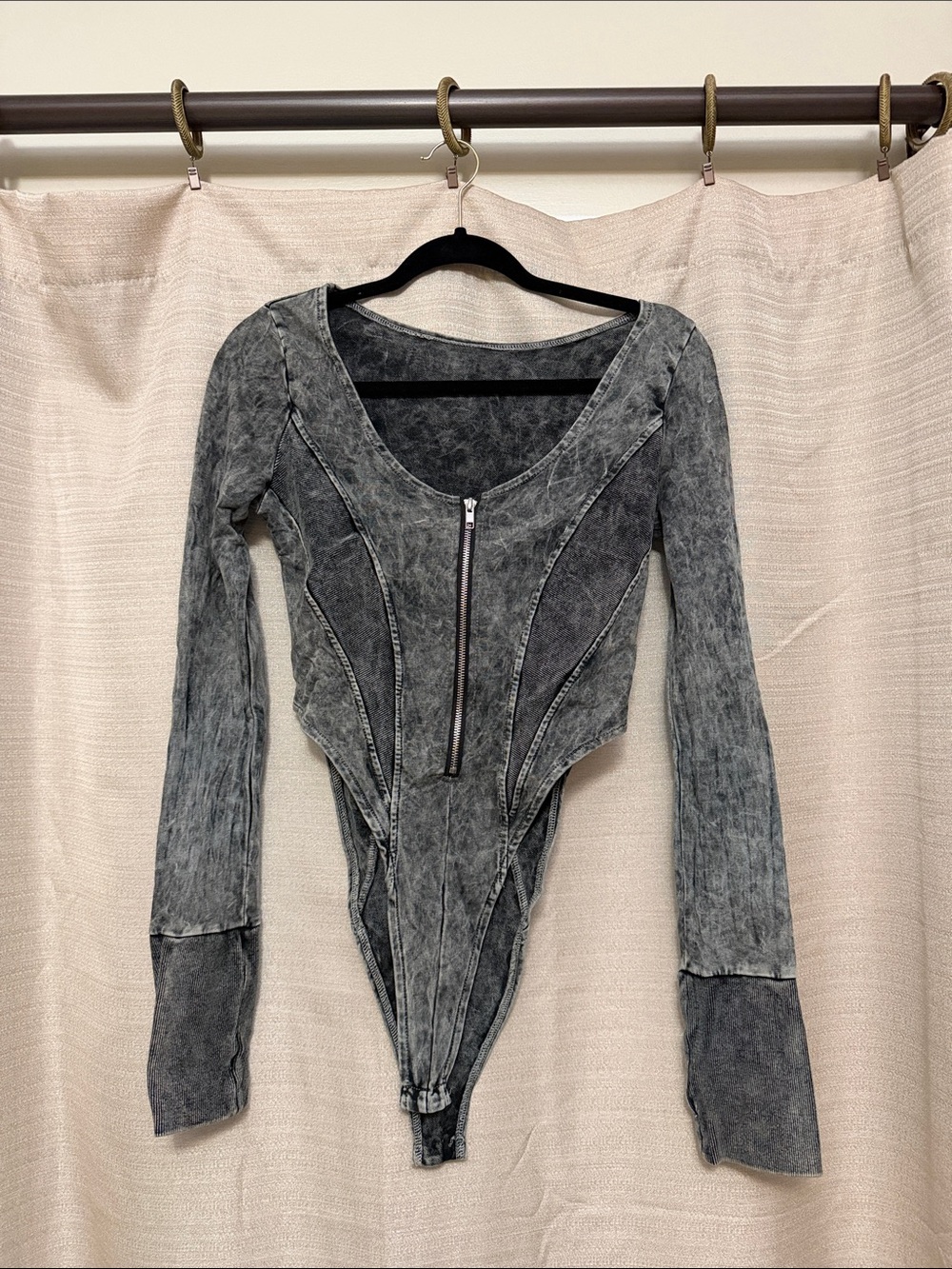 Washed Gray Long-Sleeve Zipper Front Bodysuit